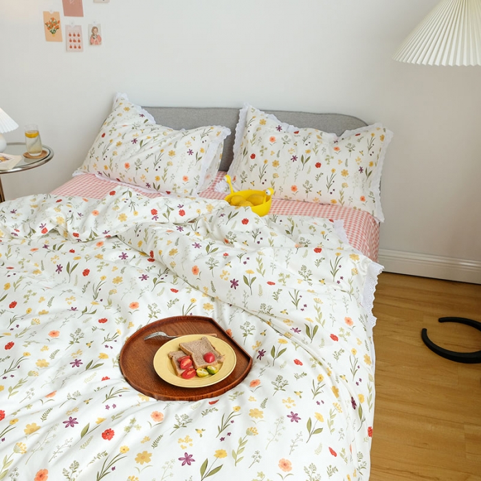 91家纺网 家纺一手货源 找家纺 艾沁 2020新款韩国刺绣花边小碎花纯棉四件套 诺草-粉格