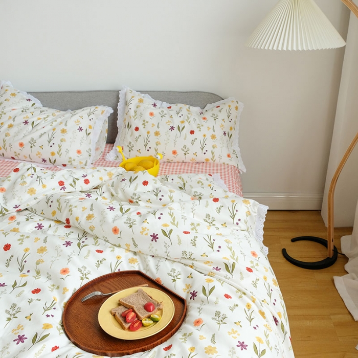 91家纺网 家纺一手货源 找家纺 艾沁 2020新款韩国刺绣花边小碎花纯棉四件套 诺草-粉格