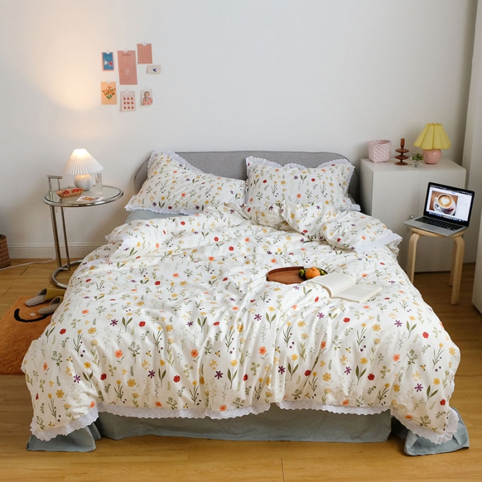 91家纺网 家纺一手货源 找家纺 艾沁 2020新款韩国刺绣花边小碎花纯棉四件套 诺草-灰绿