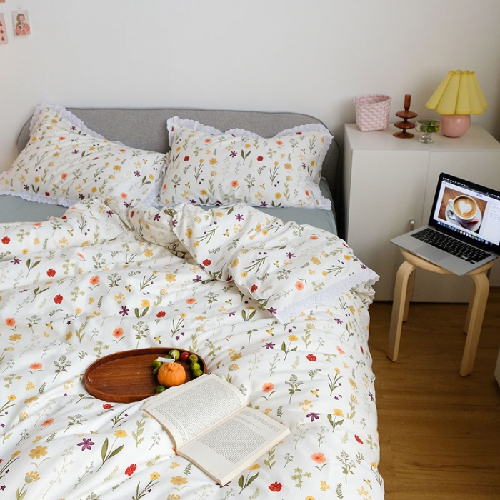 91家纺网 家纺一手货源 找家纺 艾沁 2020新款韩国刺绣花边小碎花纯棉四件套 诺草-灰绿