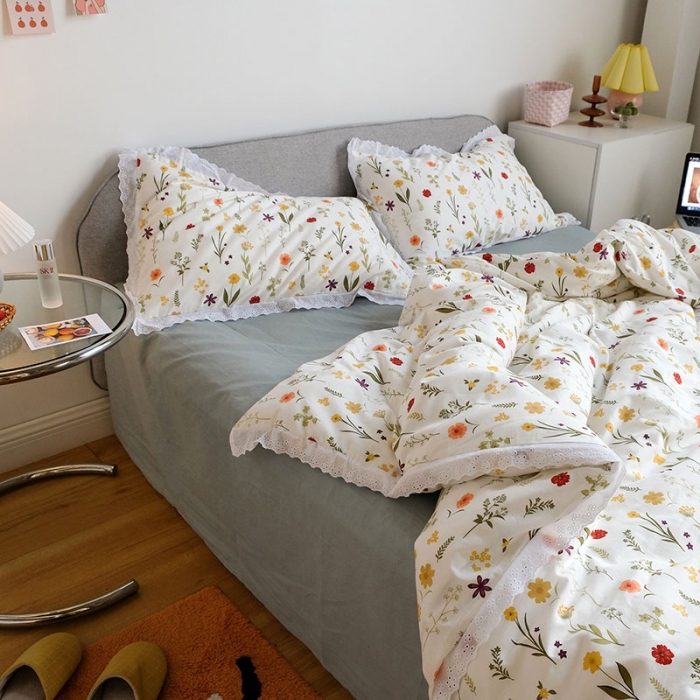 91家纺网 家纺一手货源 找家纺 艾沁 2020新款韩国刺绣花边小碎花纯棉四件套 诺草-灰绿