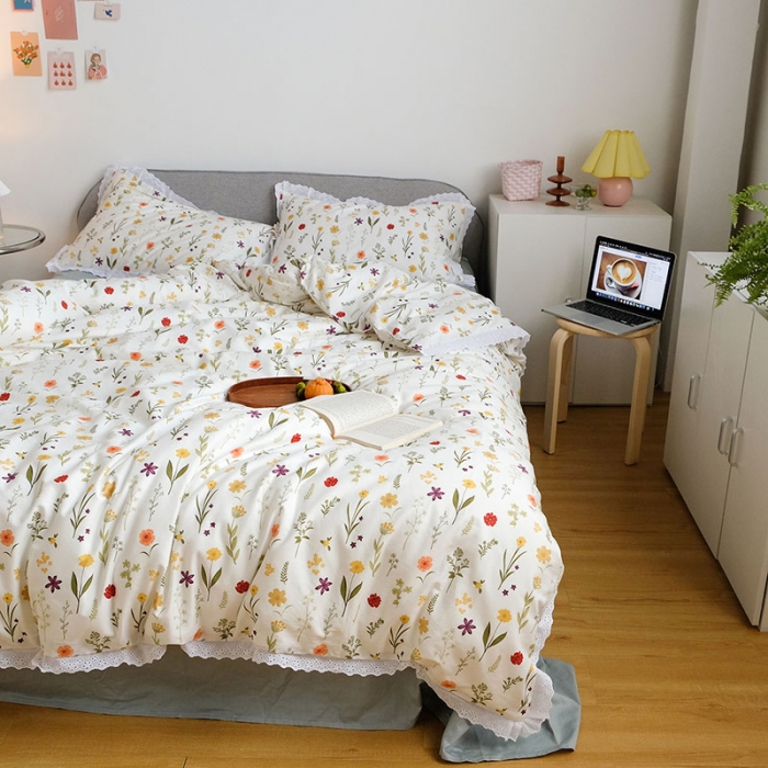 91家纺网 家纺一手货源 找家纺 艾沁 2020新款韩国刺绣花边小碎花纯棉四件套 诺草-灰绿