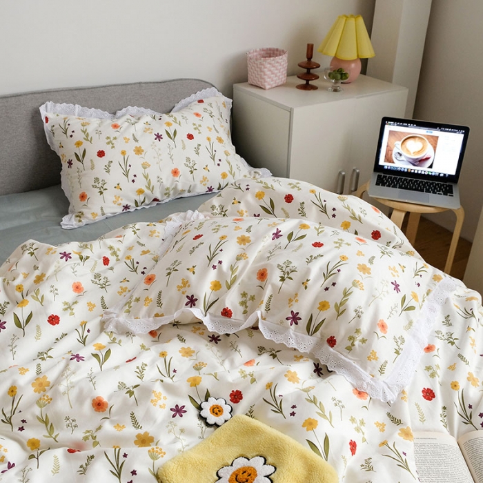 91家纺网 家纺一手货源 找家纺 艾沁 2020新款韩国刺绣花边小碎花纯棉四件套 诺草-灰绿