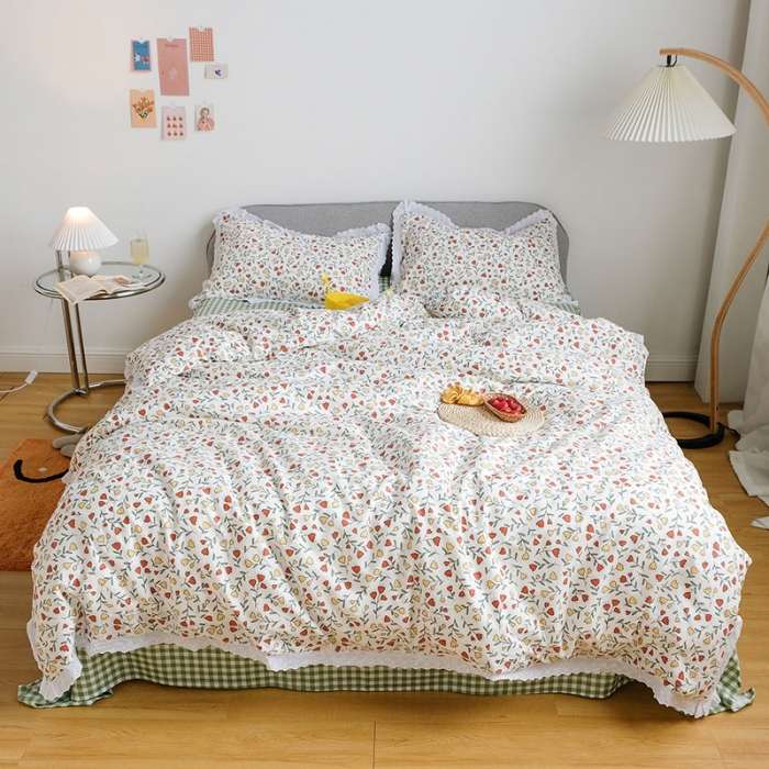 91家纺网 家纺一手货源 找家纺 艾沁 2020新款韩国刺绣花边小碎花纯棉四件套 小时光