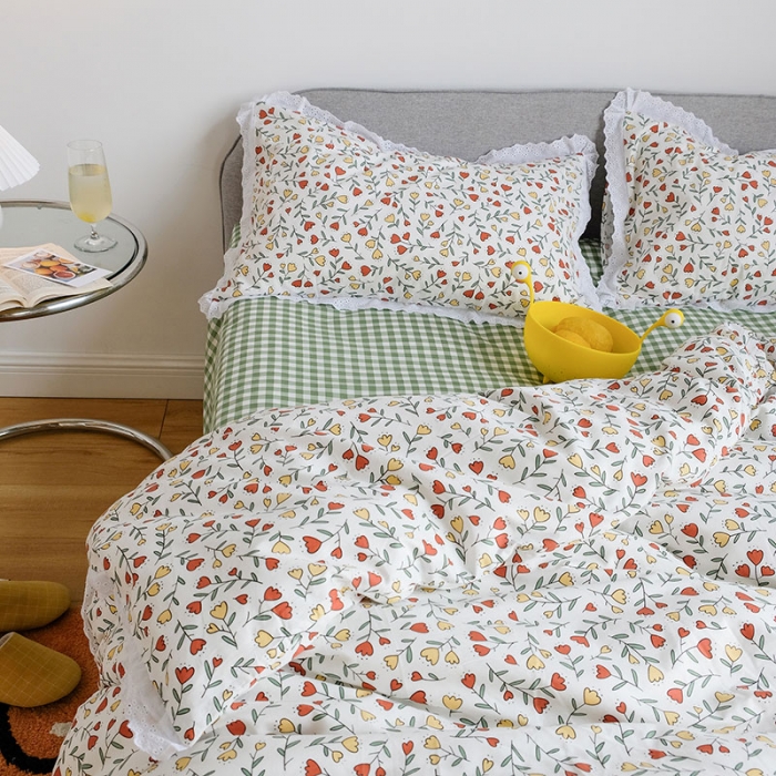 91家纺网 家纺一手货源 找家纺 艾沁 2020新款韩国刺绣花边小碎花纯棉四件套 小时光