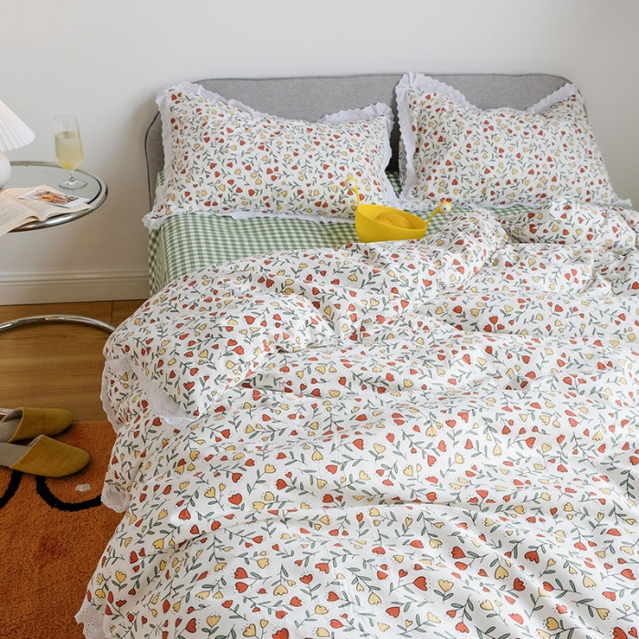 91家纺网 家纺一手货源 找家纺 艾沁 2020新款韩国刺绣花边小碎花纯棉四件套 小时光