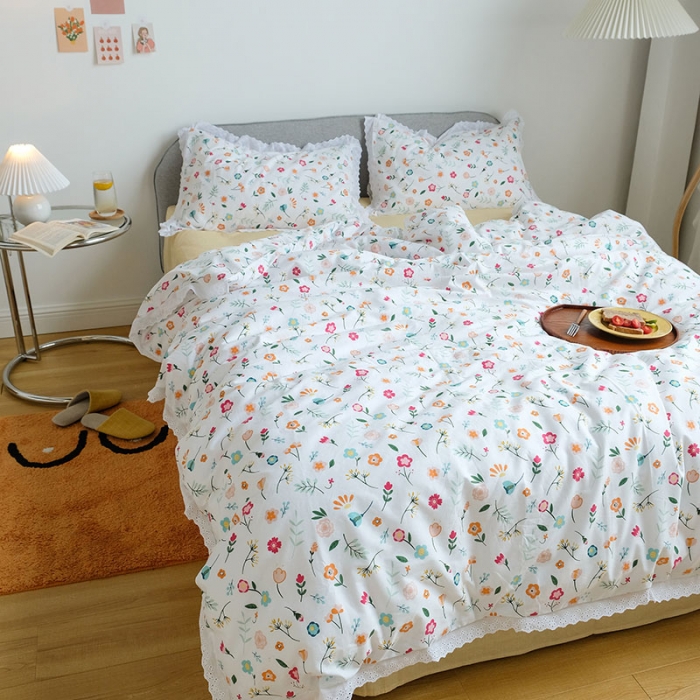 91家纺网 家纺一手货源 找家纺 艾沁 2020新款韩国刺绣花边小碎花纯棉四件套 阳菜