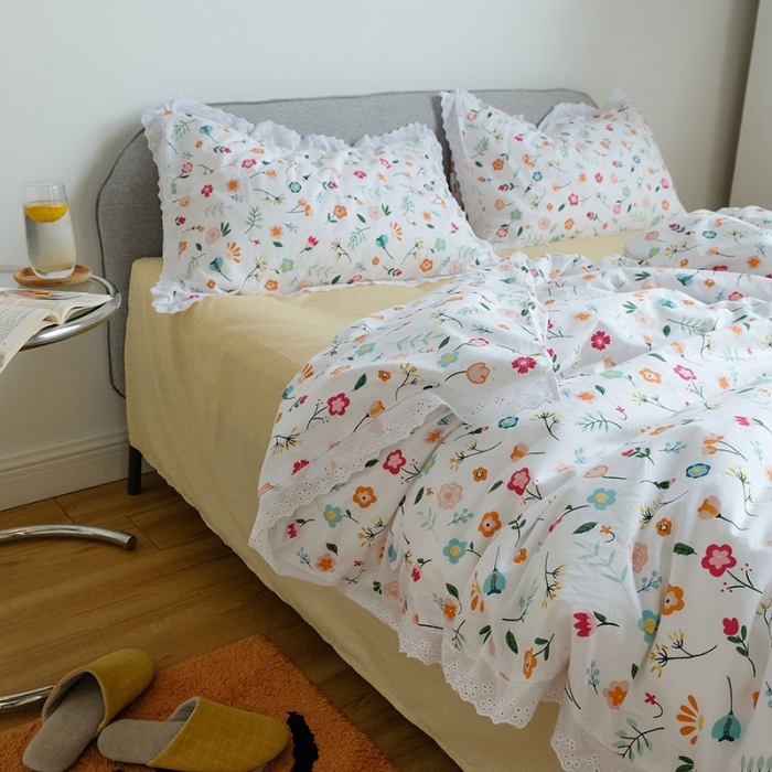 91家纺网 家纺一手货源 找家纺 艾沁 2020新款韩国刺绣花边小碎花纯棉四件套 阳菜