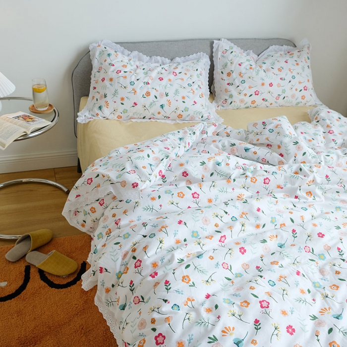 91家纺网 家纺一手货源 找家纺 艾沁 2020新款韩国刺绣花边小碎花纯棉四件套 阳菜