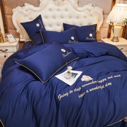 91家纺网 家纺一手货源 找家纺 菊上 2021新款60支长绒棉山茶花系列床裙款四件套 宝蓝