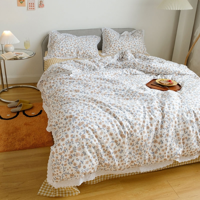 91家纺网 家纺一手货源 找家纺 艾沁 2020新款韩国刺绣花边小碎花纯棉四件套 樱花草