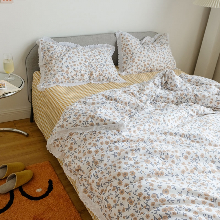 91家纺网 家纺一手货源 找家纺 艾沁 2020新款韩国刺绣花边小碎花纯棉四件套 樱花草