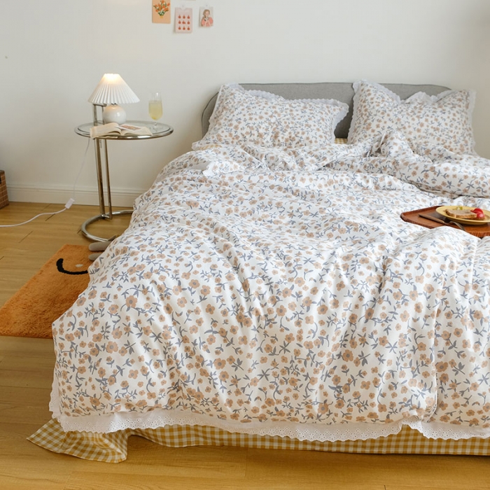 91家纺网 家纺一手货源 找家纺 艾沁 2020新款韩国刺绣花边小碎花纯棉四件套 樱花草