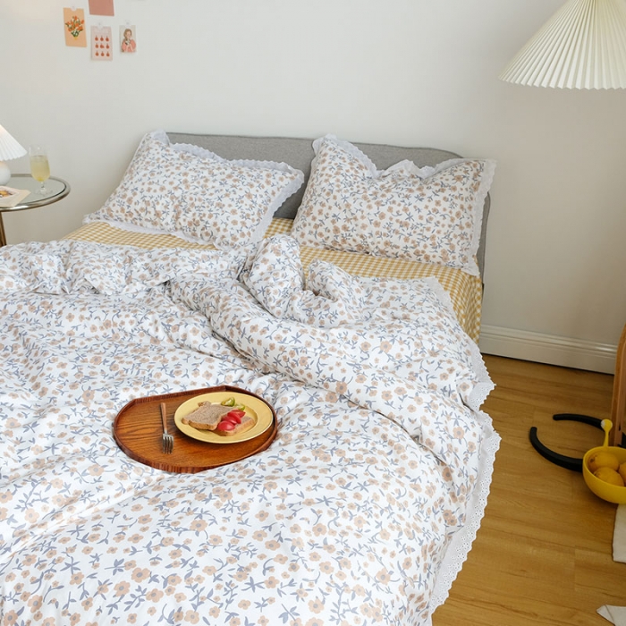 91家纺网 家纺一手货源 找家纺 艾沁 2020新款韩国刺绣花边小碎花纯棉四件套 樱花草