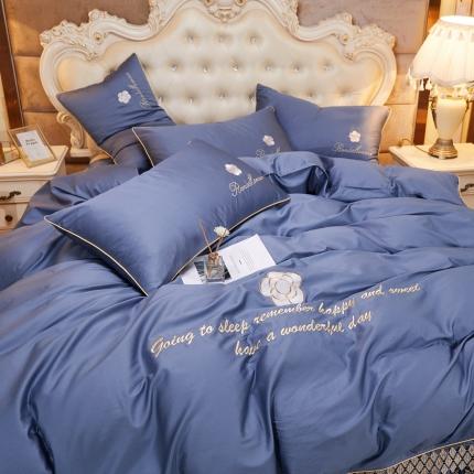 91家纺网 家纺一手货源 找家纺 菊上 2021新款60支长绒棉山茶花系列床裙款四件套 钴蓝色