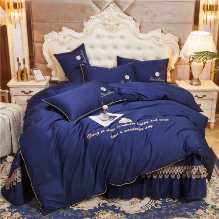 91家纺网 家纺一手货源 找家纺 菊上 2021新款60支长绒棉山茶花系列床盖款四件套 宝蓝