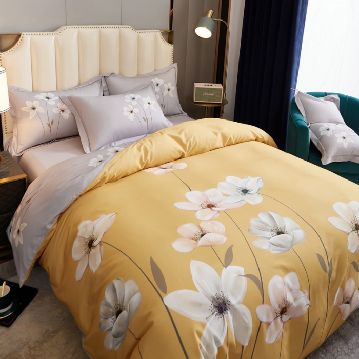 91家纺网 家纺一手货源 找家纺 雲归梦 2020新款全棉生态磨毛大版四件套 兰庭浅雨-黄