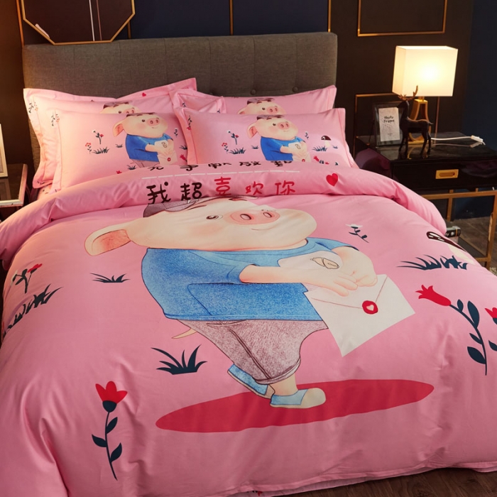 91家纺网 家纺一手货源 找家纺 雲归梦 2020新款全棉生态磨毛大版四件套 小猪嘟嘟-粉