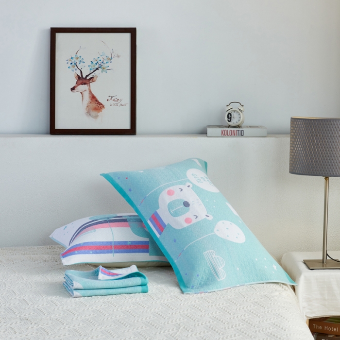 91家纺网 家纺一手货源 找家纺 朴尔 2020新款全棉加厚三层纱布枕巾 宝宝熊绿