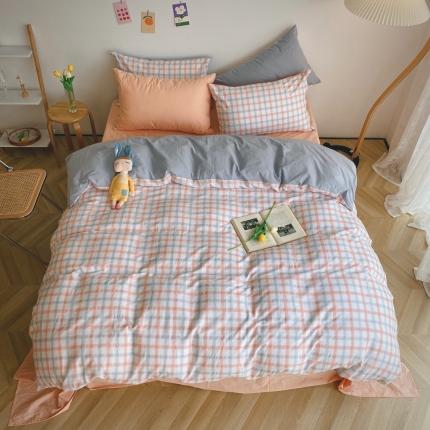 91家纺网 家纺一手货源 找家纺 （总）卡巴伦2023新款水洗棉治愈系复古撞色格子系列四件套
