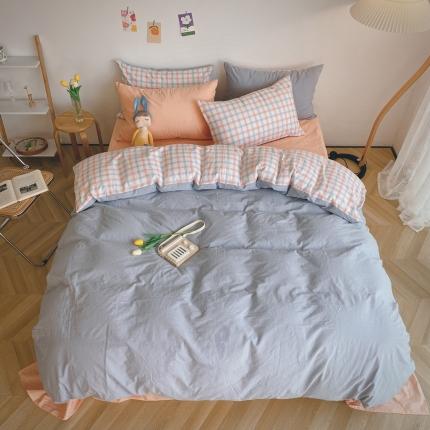 91家纺网 家纺一手货源 找家纺 卡巴伦2023新款水洗棉治愈系复古撞色格子系列四件套芙蓉格B