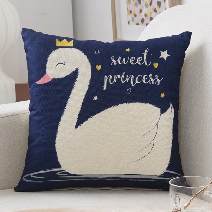 91家纺网 家纺一手货源 找家纺 橘夏纺织品 2025新款卡通风亚麻印花抱枕 白天鹅