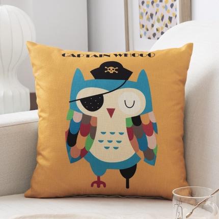 91家纺网 家纺一手货源 找家纺 橘夏纺织品 2025新款卡通风亚麻印花抱枕 海盗猫头鹰