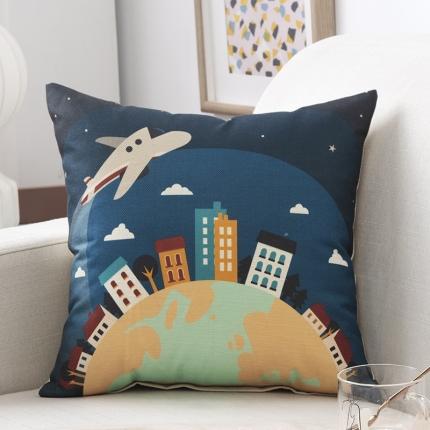 91家纺网 家纺一手货源 找家纺 橘夏纺织品 2025新款卡通风亚麻印花抱枕 环游世界