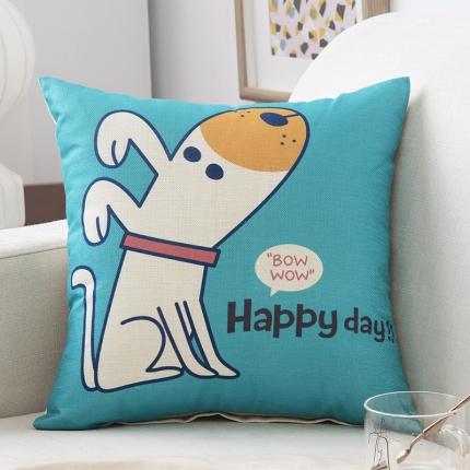 91家纺网 家纺一手货源 找家纺 橘夏纺织品 2025新款卡通风亚麻印花抱枕 开心狗