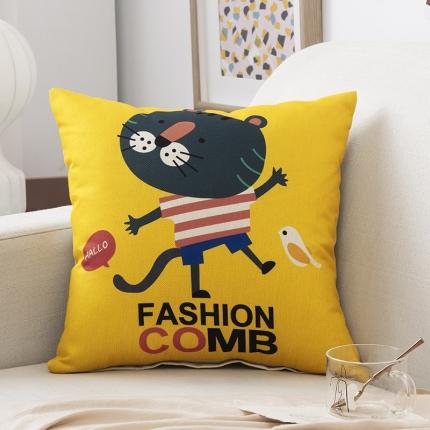 91家纺网 家纺一手货源 找家纺 橘夏纺织品 2025新款卡通风亚麻印花抱枕 时尚猫咪