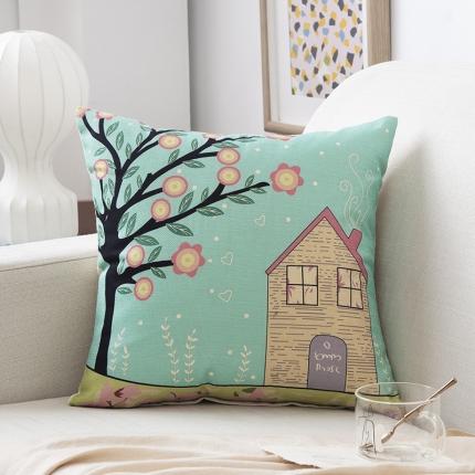 91家纺网 家纺一手货源 找家纺 橘夏纺织品 2025新款卡通风亚麻印花抱枕 夜来花开