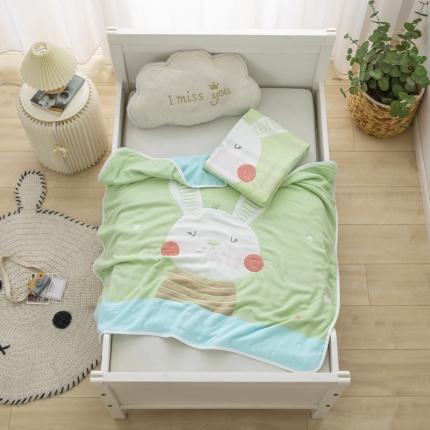 91家纺网 家纺一手货源 找家纺 朴尔 2020新款全棉六层纱布儿童盖被毛巾被 机灵兔绿