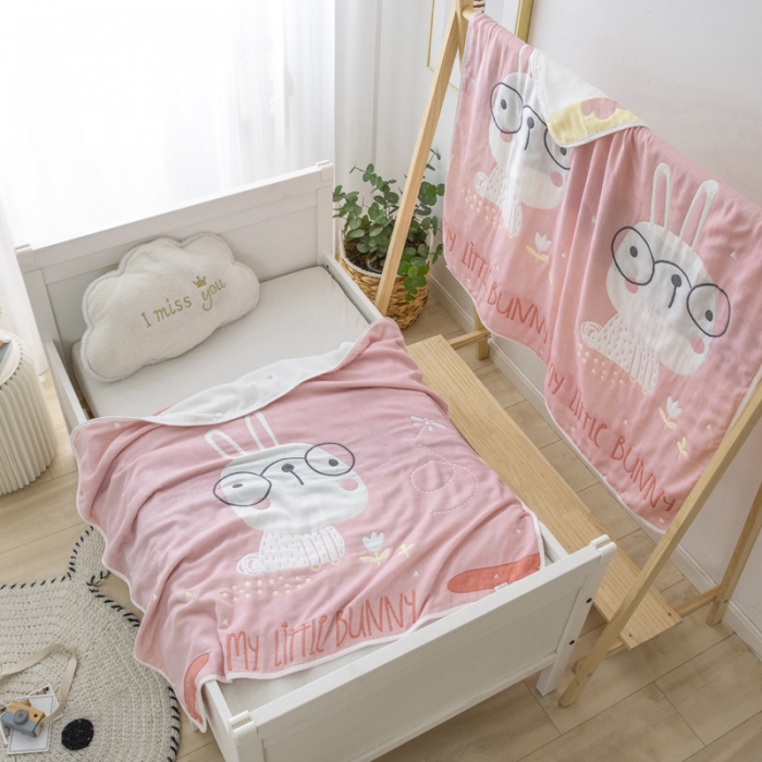 91家纺网 家纺一手货源 找家纺 朴尔 2020新款全棉六层纱布儿童盖被毛巾被 博士兔粉