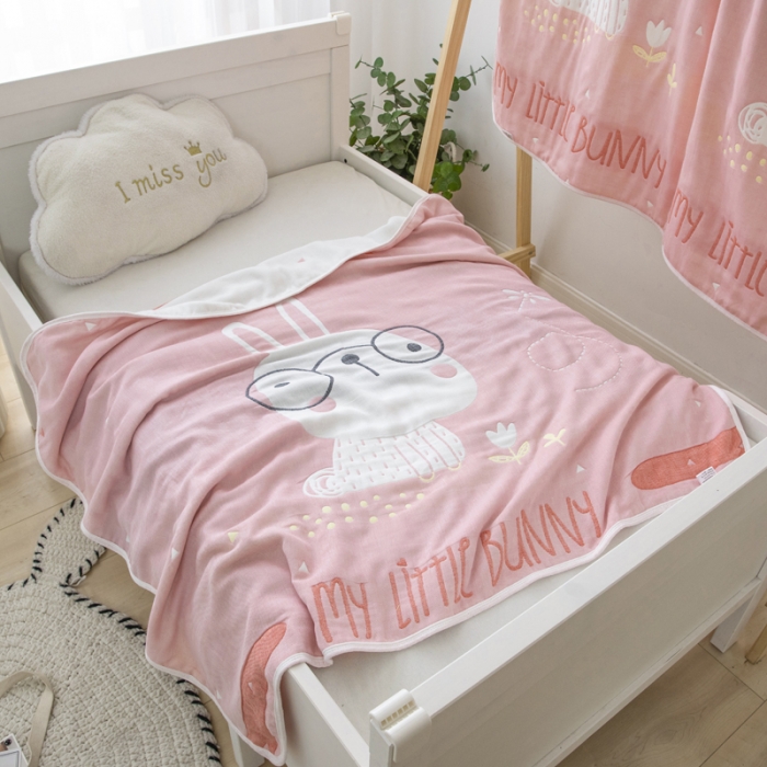 91家纺网 家纺一手货源 找家纺 朴尔 2020新款全棉六层纱布儿童盖被毛巾被 博士兔粉