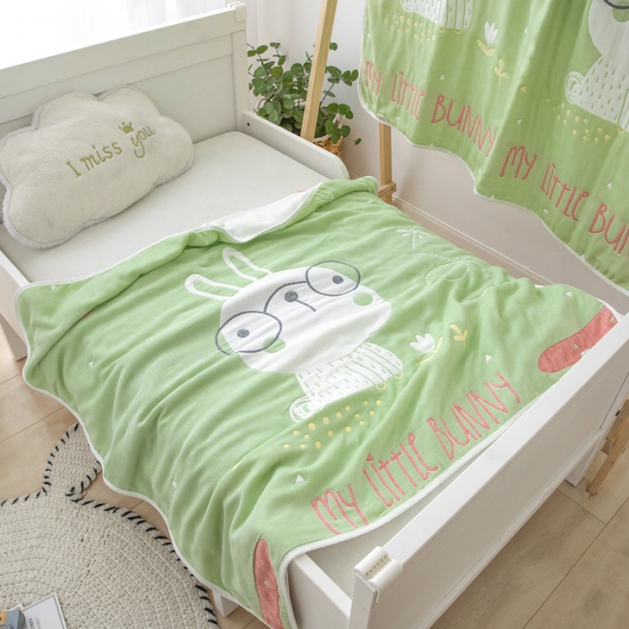91家纺网 家纺一手货源 找家纺 朴尔 2020新款全棉六层纱布儿童盖被毛巾被 博士兔绿