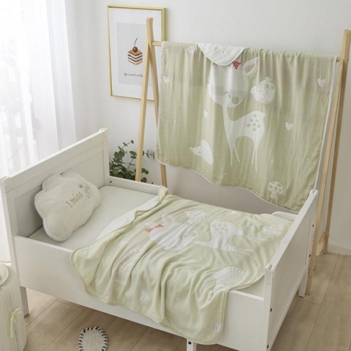 91家纺网 家纺一手货源 找家纺 朴尔 2020新款全棉六层纱布儿童盖被毛巾被 聪明鹿黄