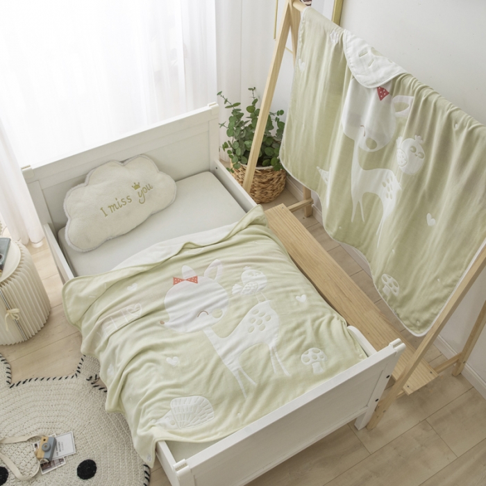 91家纺网 家纺一手货源 找家纺 朴尔 2020新款全棉六层纱布儿童盖被毛巾被 聪明鹿黄