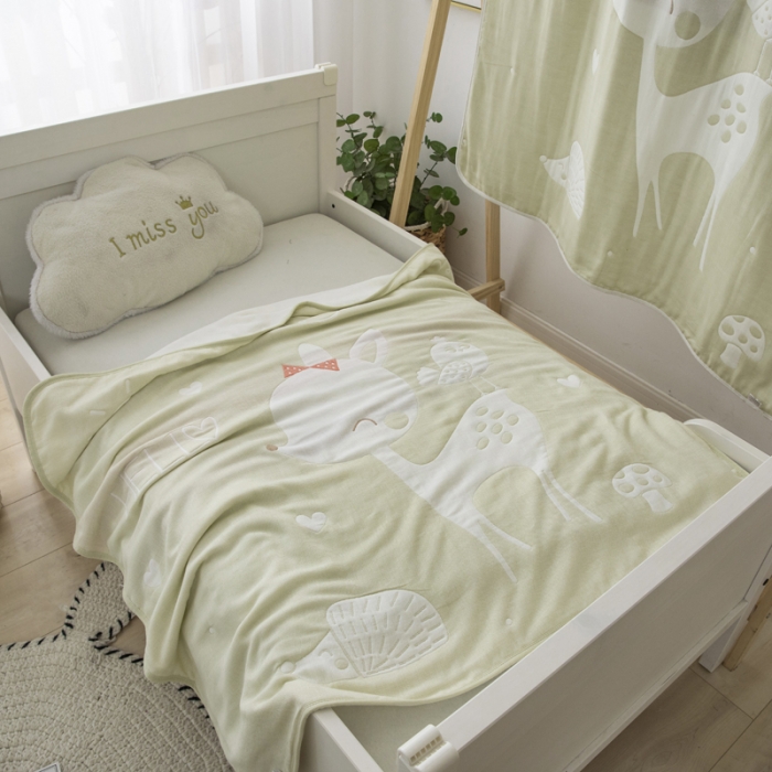 91家纺网 家纺一手货源 找家纺 朴尔 2020新款全棉六层纱布儿童盖被毛巾被 聪明鹿黄