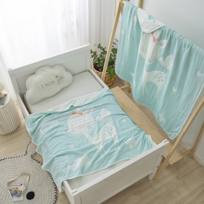 91家纺网 家纺一手货源 找家纺 朴尔 2020新款全棉六层纱布儿童盖被毛巾被 聪明鹿兰