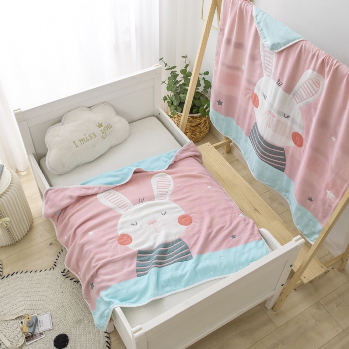 91家纺网 家纺一手货源 找家纺 朴尔 2020新款全棉六层纱布儿童盖被毛巾被 机灵兔粉