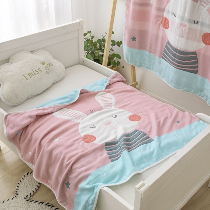 91家纺网 家纺一手货源 找家纺 朴尔 2020新款全棉六层纱布儿童盖被毛巾被 机灵兔粉