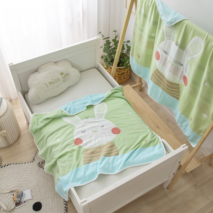 91家纺网 家纺一手货源 找家纺 朴尔 2020新款全棉六层纱布儿童盖被毛巾被 机灵兔绿