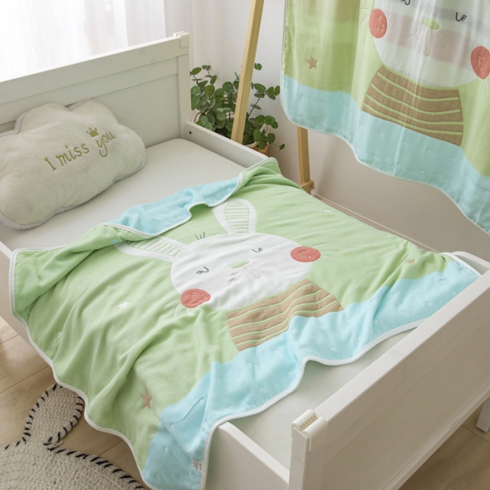 91家纺网 家纺一手货源 找家纺 朴尔 2020新款全棉六层纱布儿童盖被毛巾被 机灵兔绿