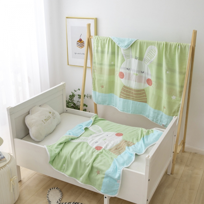 91家纺网 家纺一手货源 找家纺 朴尔 2020新款全棉六层纱布儿童盖被毛巾被 机灵兔绿