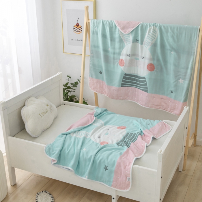 91家纺网 家纺一手货源 找家纺 朴尔 2020新款全棉六层纱布儿童盖被毛巾被 机灵兔浅蓝