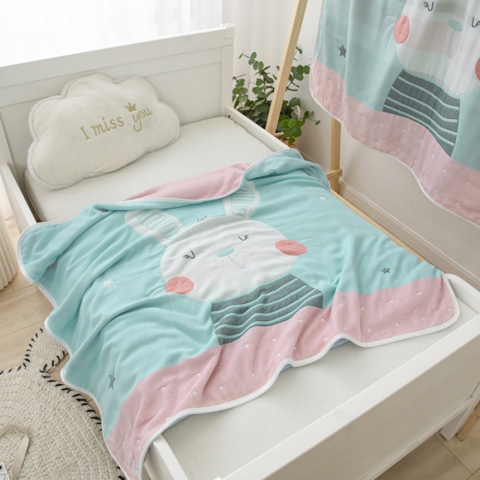 91家纺网 家纺一手货源 找家纺 朴尔 2020新款全棉六层纱布儿童盖被毛巾被 机灵兔浅蓝
