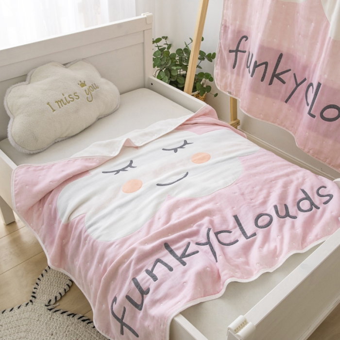 91家纺网 家纺一手货源 找家纺 朴尔 2020新款全棉六层纱布儿童盖被毛巾被 贪睡云粉