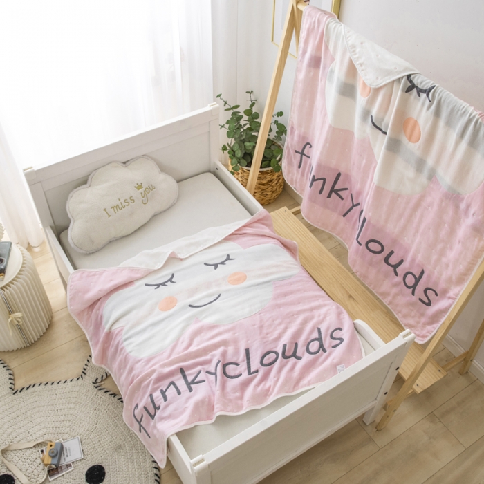 91家纺网 家纺一手货源 找家纺 朴尔 2020新款全棉六层纱布儿童盖被毛巾被 贪睡云粉
