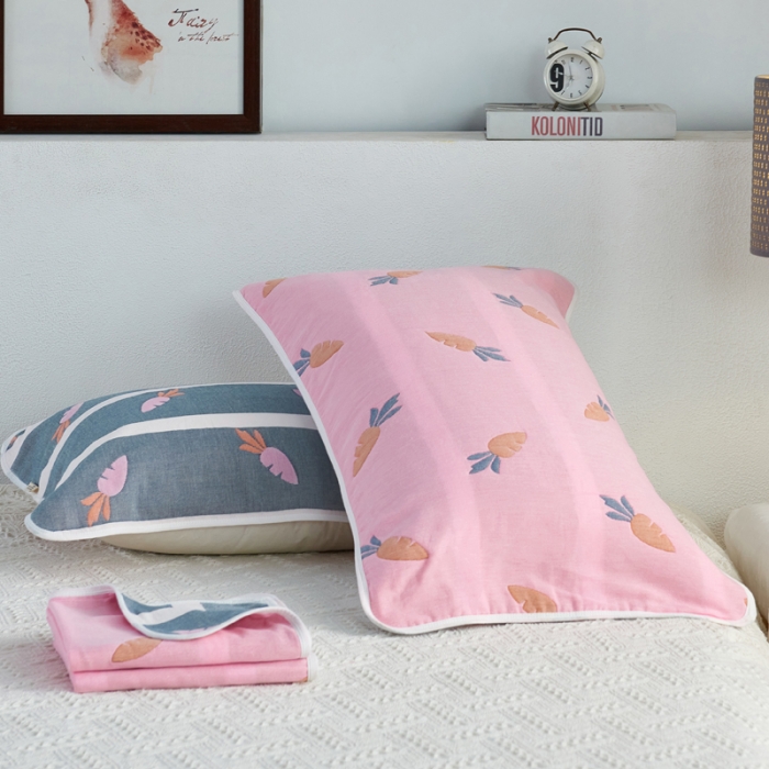 91家纺网 家纺一手货源 找家纺 朴尔 2020新款全棉六层纱布小花型枕巾 多彩胡萝卜粉