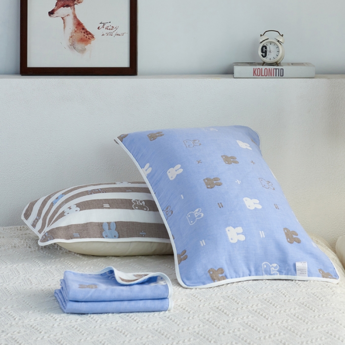 91家纺网 家纺一手货源 找家纺 朴尔 2020新款全棉六层纱布小花型枕巾 算数小兔兰